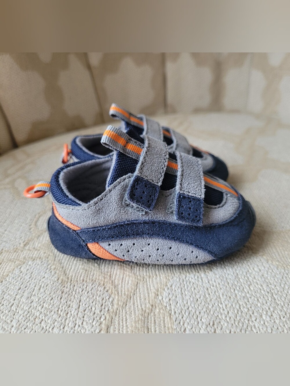 Leather Baby Sneaker Style Shoes Easy On Shoes Grey Blue Orange Infant Size 2